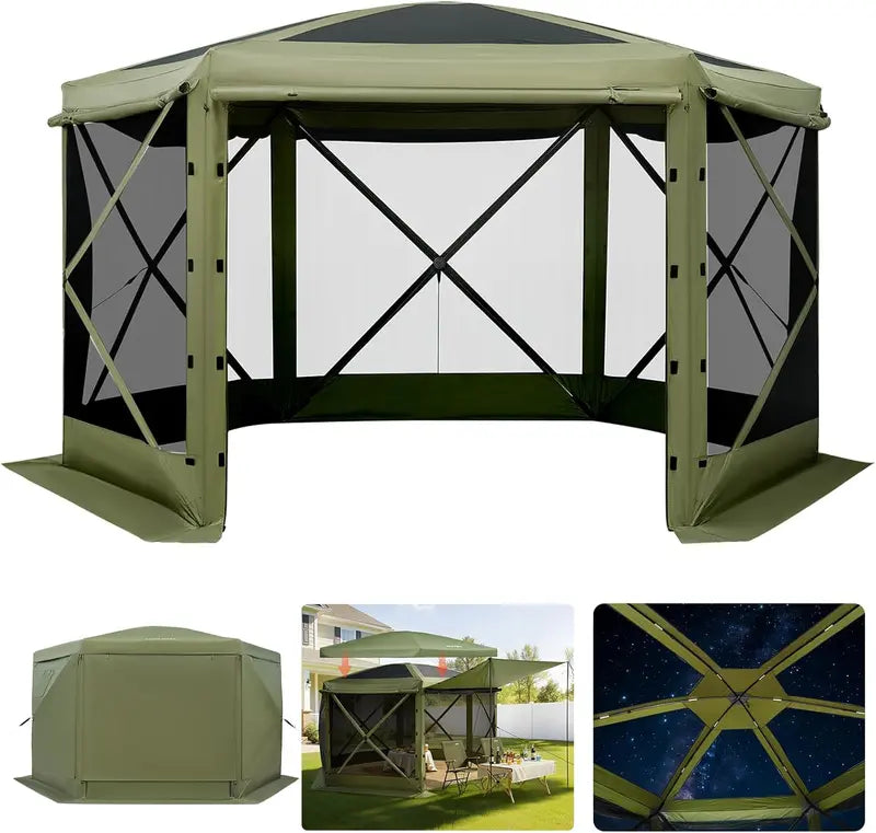 VEVOR 12×12 ft Hexagonal Pop-Up Canopy Shelter with Ventilated Mesh Windows and Compact Carry Bag