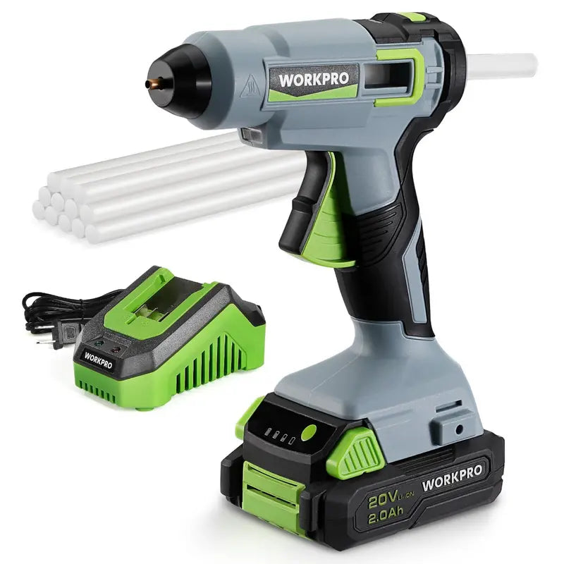 WORKPRO 20V Cordless Hot Glue Gun Kit â€?Includes 12 Glue Sticks & 2.0Ah Lithium-Ion Battery