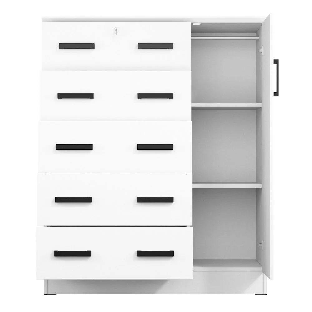 Better Home Products JCF Sofie 5 Drawer Wooden Tall Chest Wardrobe in Mahogany
