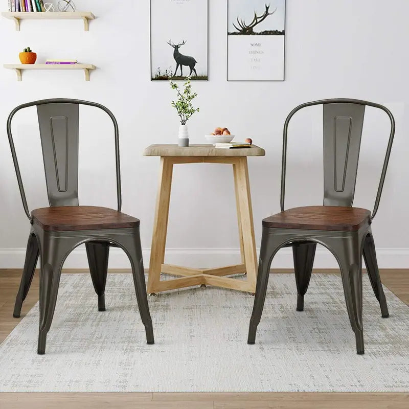 Vintage Industrial Stackable Dining Chairs (4-Pack) â€?High-Back Metal Frames with Wood Seats for Bars or Kitchens