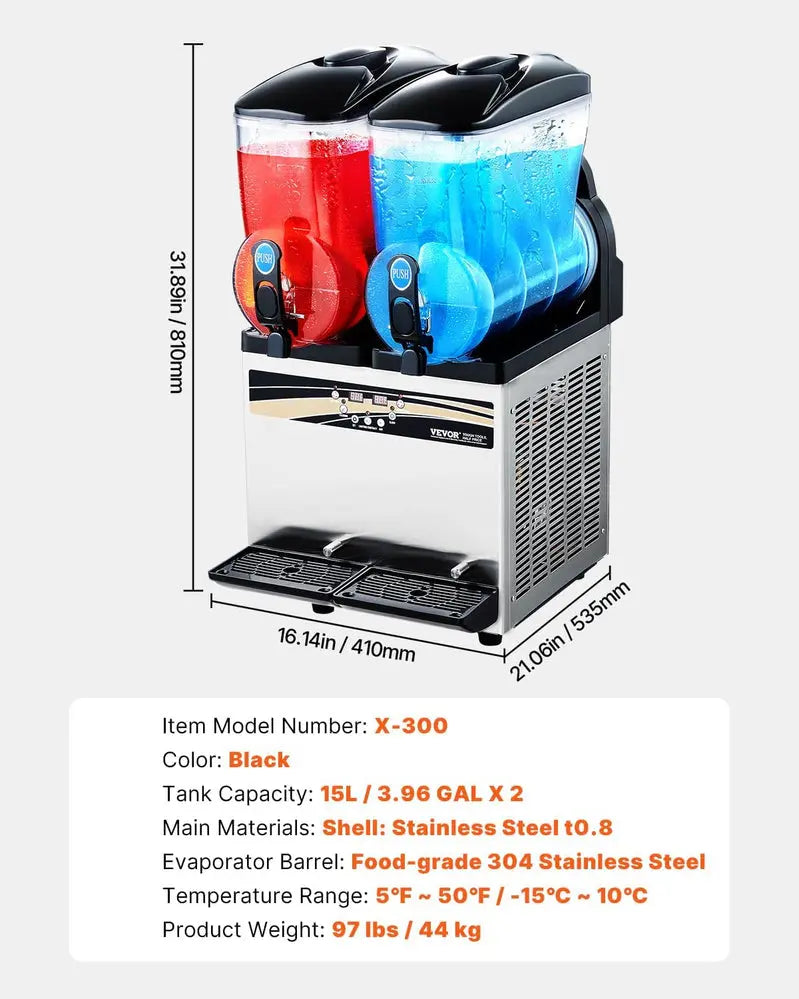 VEVOR Commercial Slushie Machine â€?Dual 15L Tanks, Stainless Steel Margarita & Frozen Drink Dispenser (120 Servings)