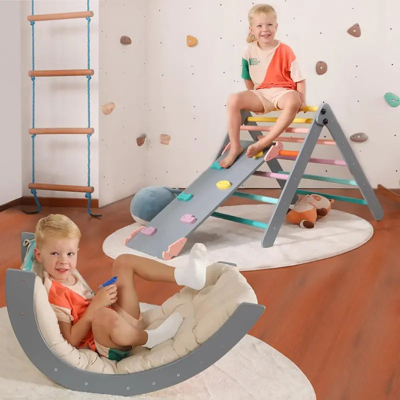 Yopnoyik 5-in-1 Montessori Foldable Wooden Climbing Set for Toddlers with Ramp and Arch Climber, Indoor Playground