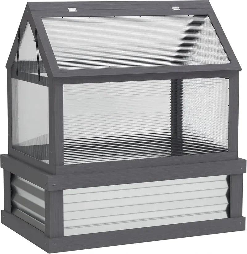 Wooden Raised Garden Bed with Polycarbonate Peak-Roof Greenhouse â€?35.5â€?x 22.5â€?x 38.25â€? Gray