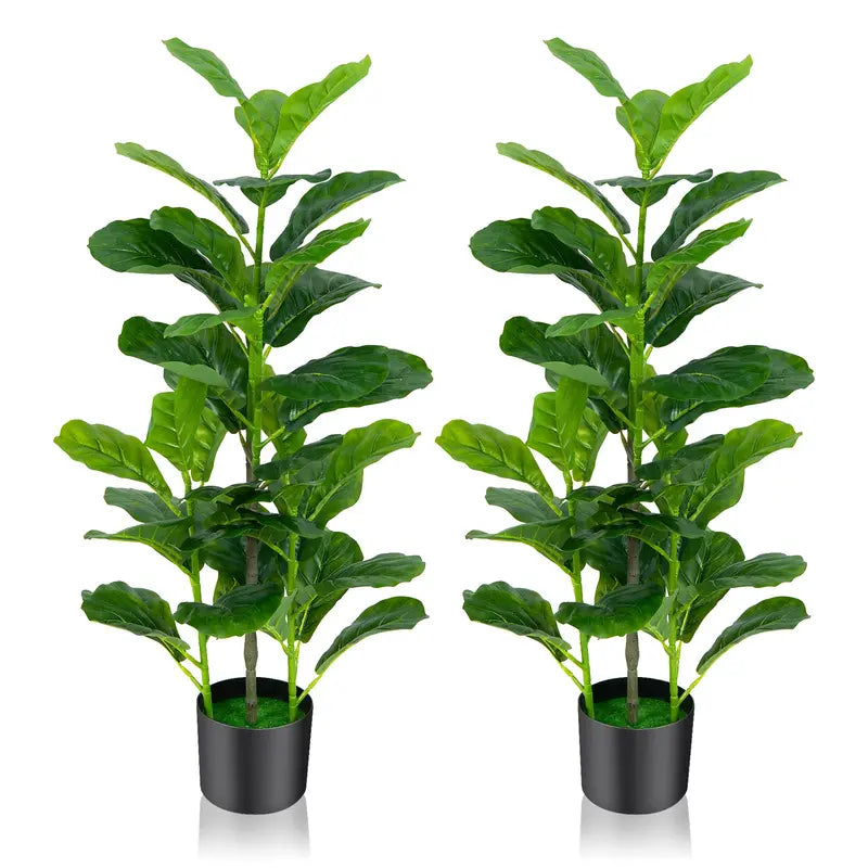 Two-Piece 3.3-Foot Artificial Fiddle Leaf Fig Tree Set in Decorative Pots