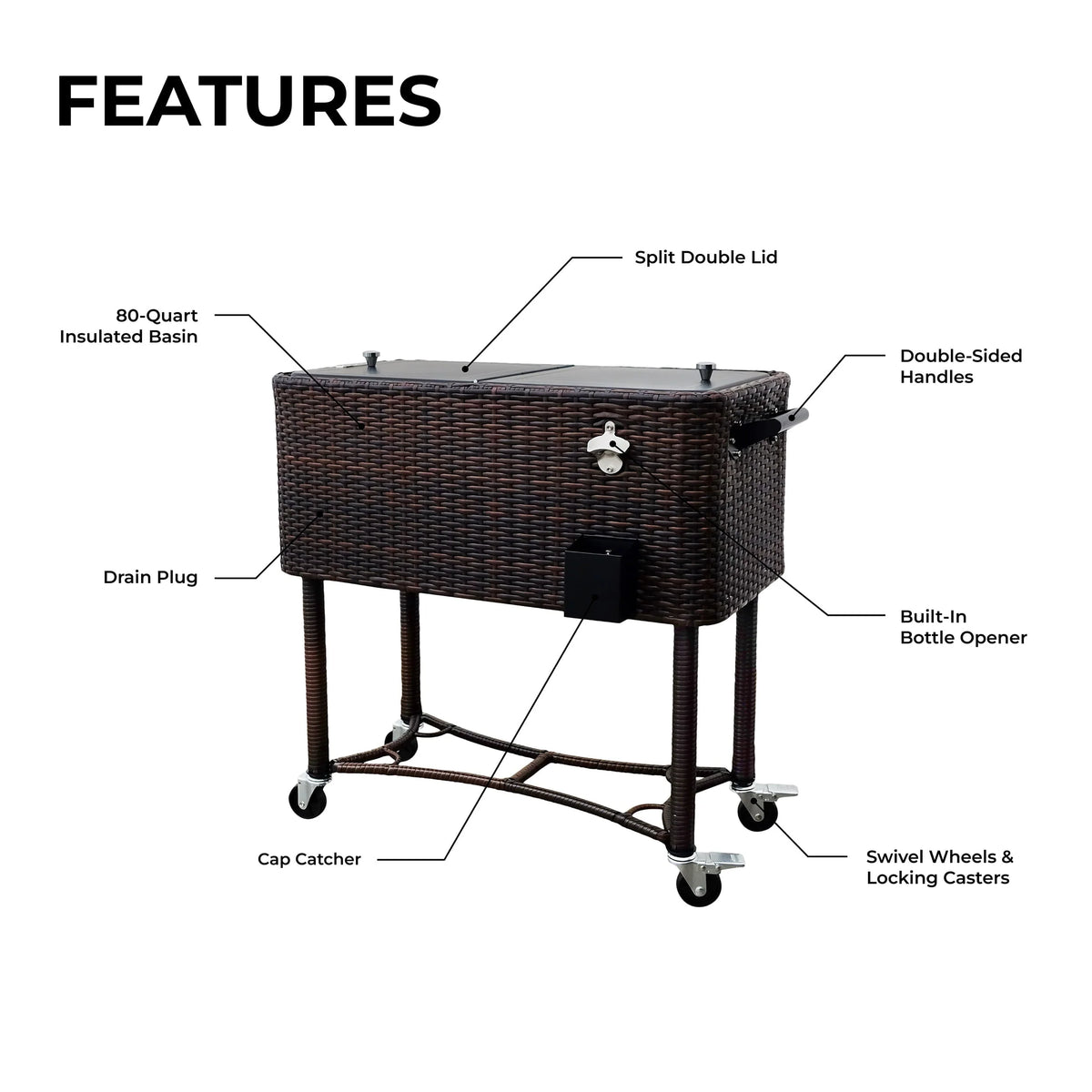 Permasteel 80 - QT Wicker Outdoor Patio Cooler, Hand - Woven Wicker Cooler Cart, Rolling Cooler on Wheels with Handle, Brown
