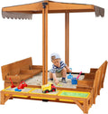 Wooden Outdoor Sandbox with Retractable Canopy â€?47â€?x 47â€?Sandpit Featuring Two Foldable Benches & Protective Liner