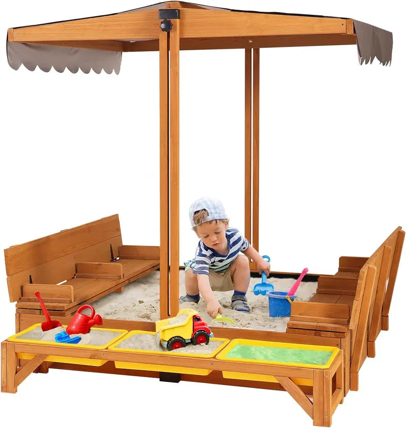 Wooden Outdoor Sandbox with Retractable Canopy â€?47â€?x 47â€?Sandpit Featuring Two Foldable Benches & Protective Liner