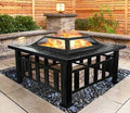 32'' Wood Burning Fire Pit Table, Outdoor Fireplace Square Metal Firepit 360Mesh Screen Lid Poker Deep Bowl, Black