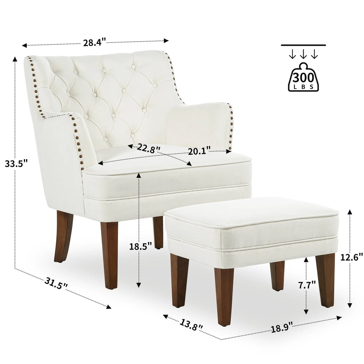 GERICCO Accent Chair with Ottoman Set, Club Armchair Indoor, Comfy Reading Chair and Ottoman for Bedroom Living Room, with Bronzer Nail Head Trim Wooden Legs(Beige)