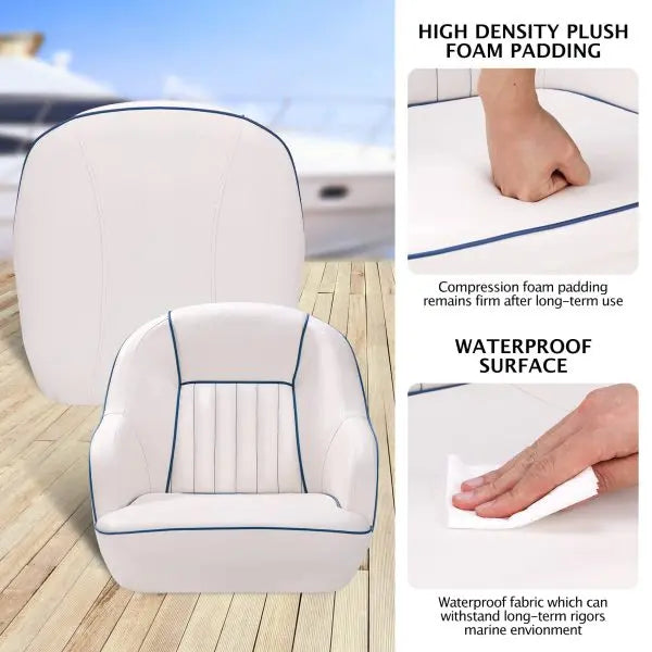 White & Blue Captains Bucket Pontoon Boat Seat â€?Fold-Back Backrest, Marine-Grade Cabin Seating