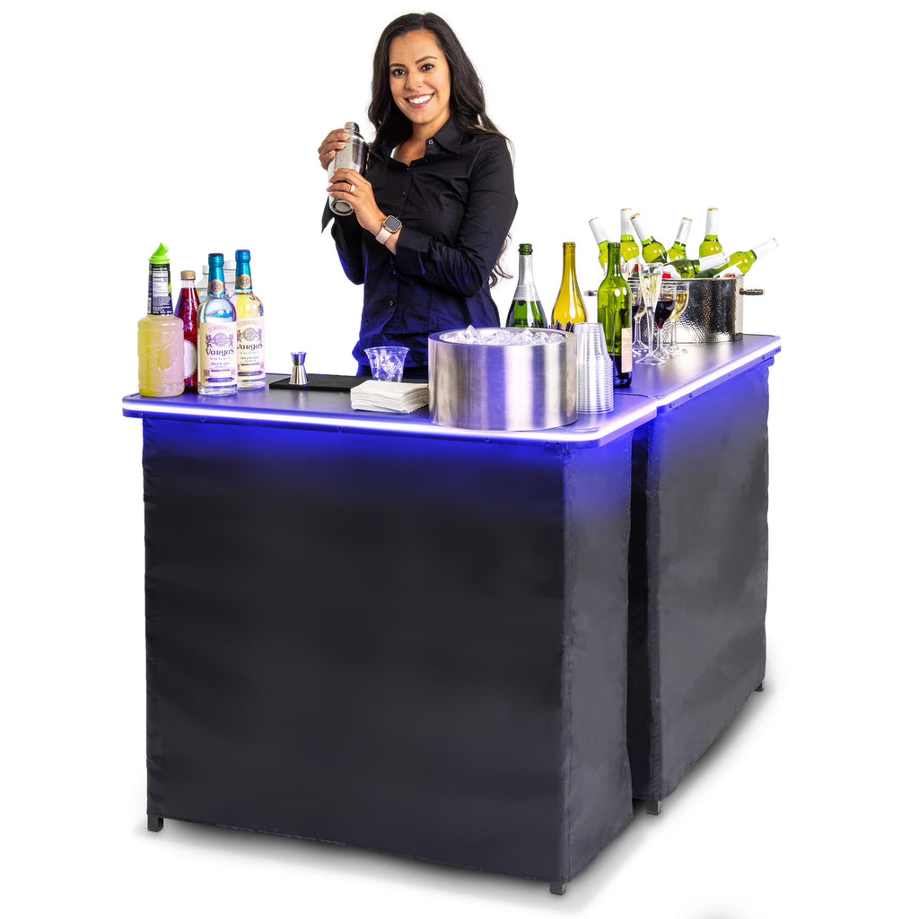 Gobar Portable Double Bar Table Set with Multi - Color LED Lights - Mobile Bartender Station for Events - Includes Carrying Case