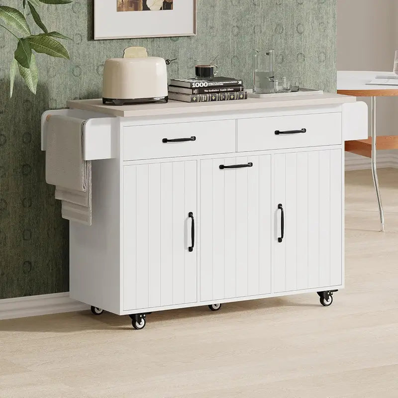 White Rotating Kitchen Island Cart â€?Foldable-Leg Trolley with Trash Bin, Towel Bar, Drawers, and Internal Shelves