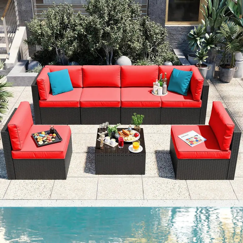 Vongrasig 5-Piece All-Weather PE Rattan Sectional with Ottoman & Glass Coffee Table