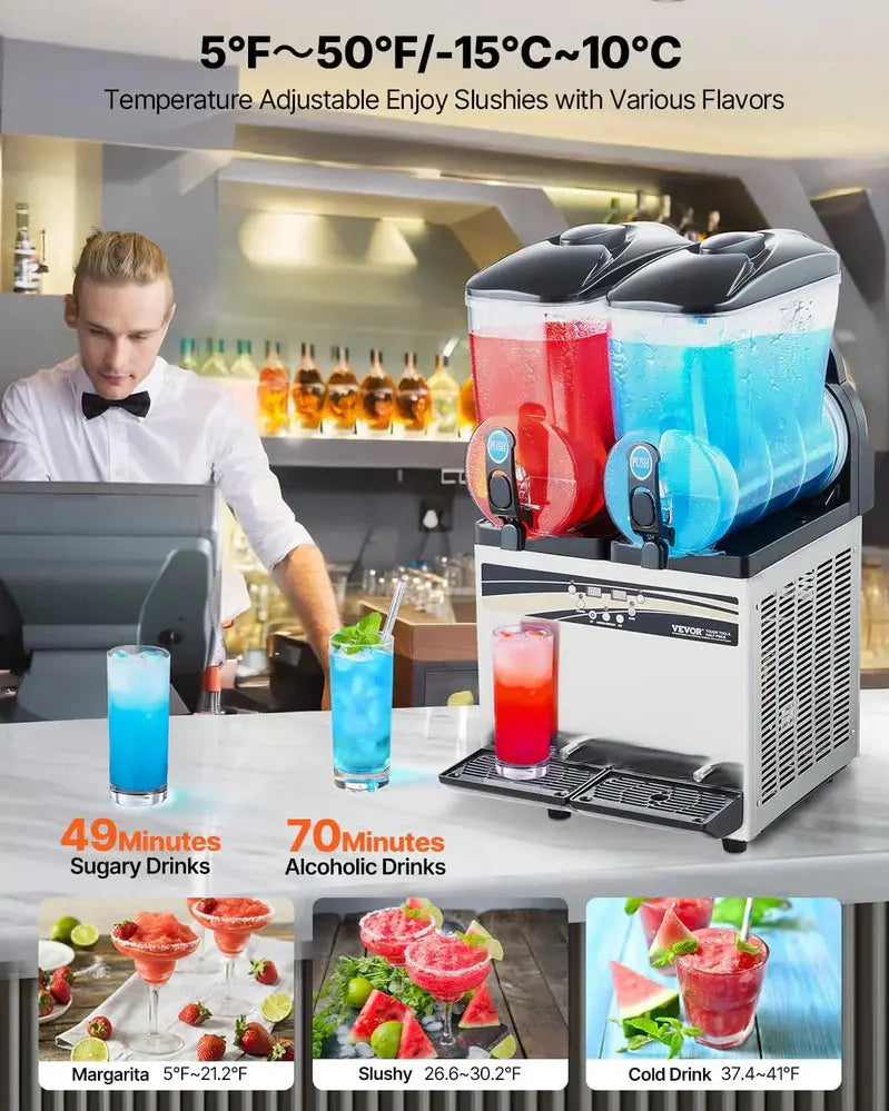 VEVOR Commercial Slushie Machine â€?Dual 15L Tanks, Stainless Steel Margarita & Frozen Drink Dispenser (120 Servings)