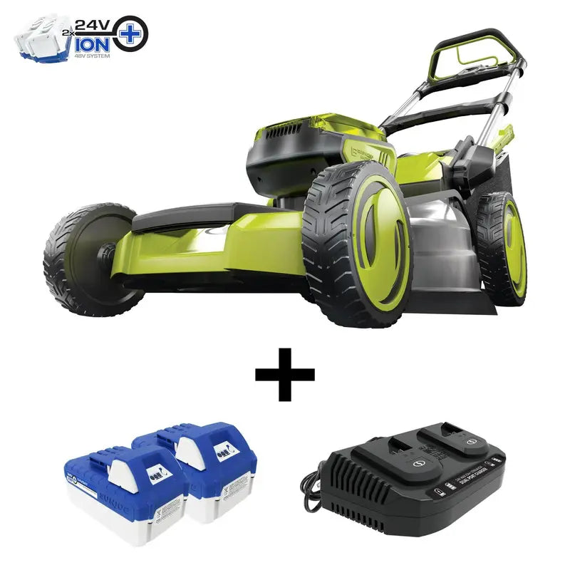 Sun Joe iON16LM 48V Cordless Self-Propelled Lawn Mower â€?20-Inch Cut, Dual 4.0Ah Batteries, 7-Position Height Adjustment