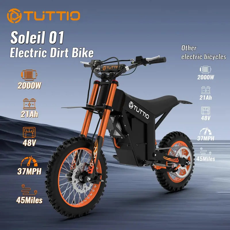TUTTIO Soleil01 Adult Electric Dirt Bike â€?2000W Motor, 48V/21Ah Battery, 37 mph, Full Suspension