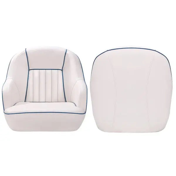White & Blue Captains Bucket Pontoon Boat Seat â€?Fold-Back Backrest, Marine-Grade Cabin Seating