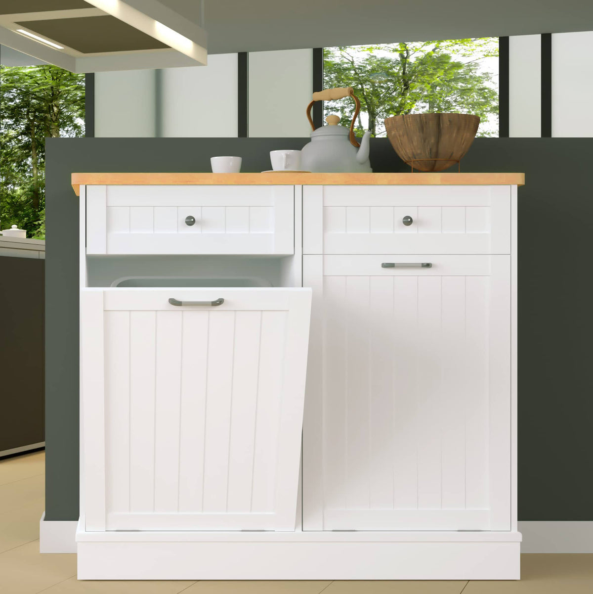 Tolead Wooden Double Tilt Out Trash Cabinet, Free Standing Laundry Sorter Cabinet, White, Size: 13L*39.3W*35.8H