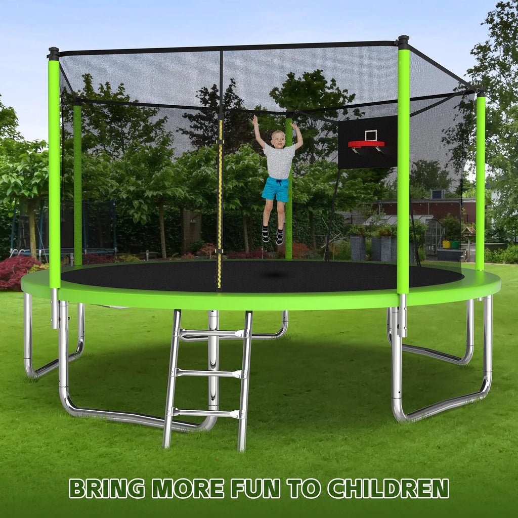 14ft Trampoline with Basketball Hoop, Outdoor Trampoline with with Enclosure Net, Blue