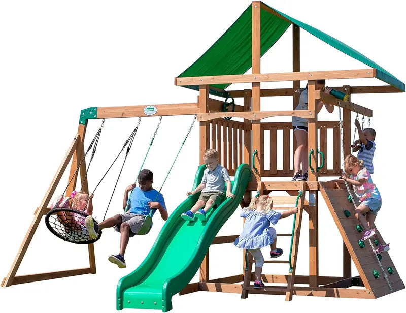 Wooden Mountain-Style Outdoor Swing Set â€?Includes Wave Slide, Rope & Net Swings, Climbing Wall & Canopy