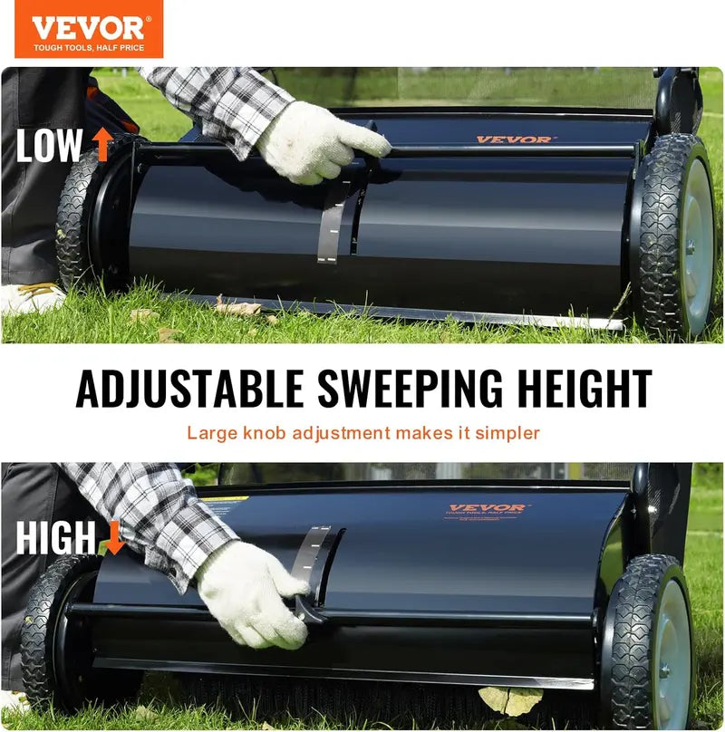 VEVOR 26â€?Lawn Sweeper with 7 ft³ Bag, Adjustable Height, Durable Frame, 4 Spinning Brushes