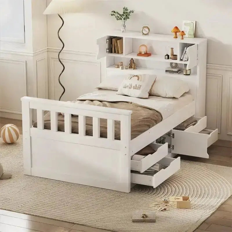 Twin/Full Captain Platform Bed â€?Solid Wood Frame with Integrated Storage: Four Drawers + Bookcase-Style Headboard with Shelves
