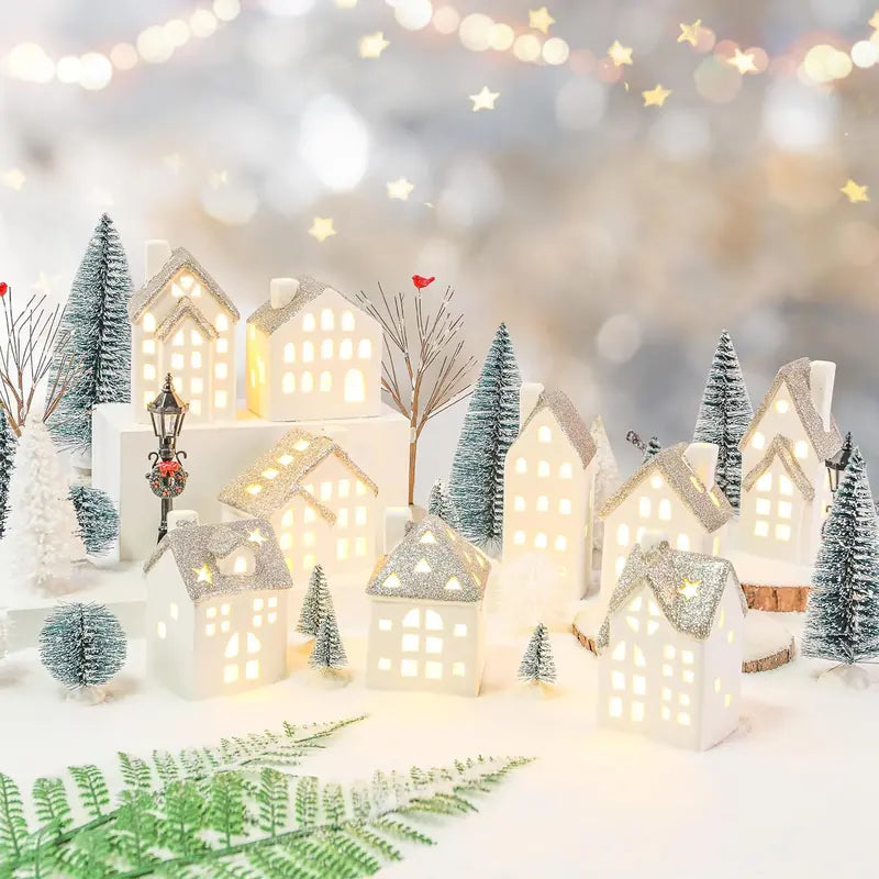 Spdmhyo 29-Piece Ceramic Christmas Village Set with LED Lights, Porcelain Houses, Trees & Lamps â€?White