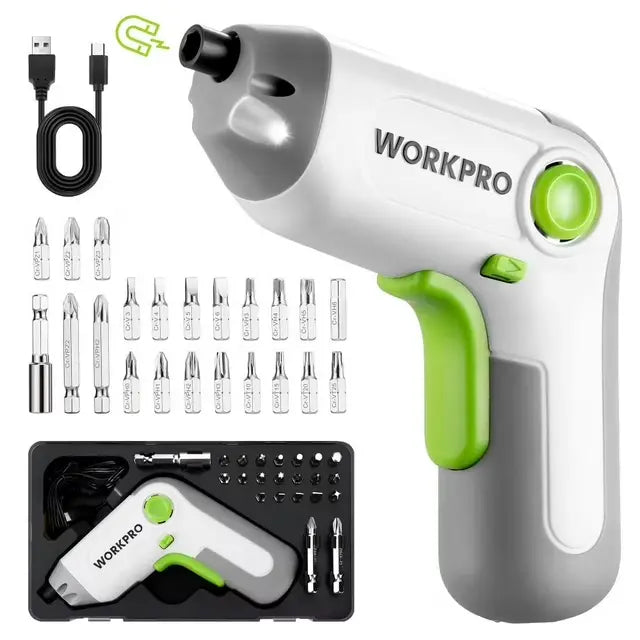 WORKPRO 3.6V White Cordless Screwdriver Kit â€?Rechargeable Driver with 25 Accessories and Durable Carry Case