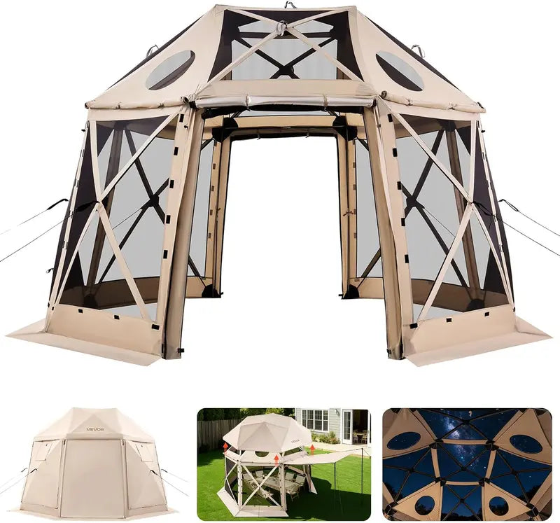 VEVOR 12×12 ft Hexagonal Pop-Up Canopy Shelter with Ventilated Mesh Windows and Compact Carry Bag