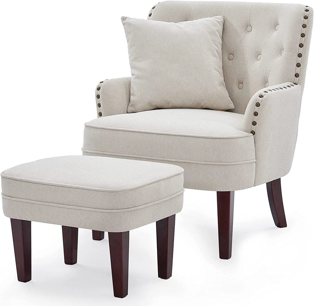 GERICCO Accent Chair with Ottoman Set, Club Armchair Indoor, Comfy Reading Chair and Ottoman for Bedroom Living Room, with Bronzer Nail Head Trim Wooden Legs(Beige)