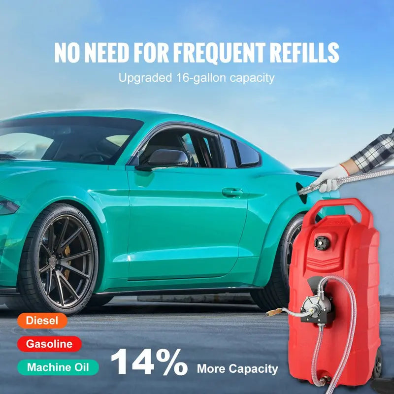 VEVOR 16-Gallon Portable Fuel Transfer Caddy â€?Steel Hose, 6â€?Wheels, Gas/Diesel Compatible