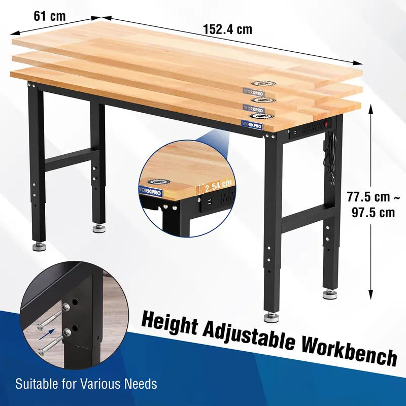 WORKPRO 60â€?x 24â€?Adjustable Workbench â€?1500-LB Capacity, Hardwood Top, Power Outlets
