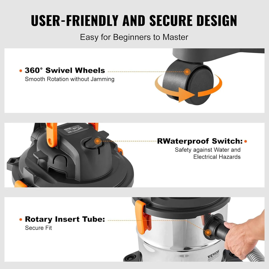 Stainless Steel Wet Dry Shop Vacuum, 5.5 Gallon 6 Peak HP Wet/Dry Vac, Powerful Suction with Blower Function W/Attachment 2 - in - 1 Crevice Nozzle, Small Vac Perfect for Carpet Debris, Pet Hair