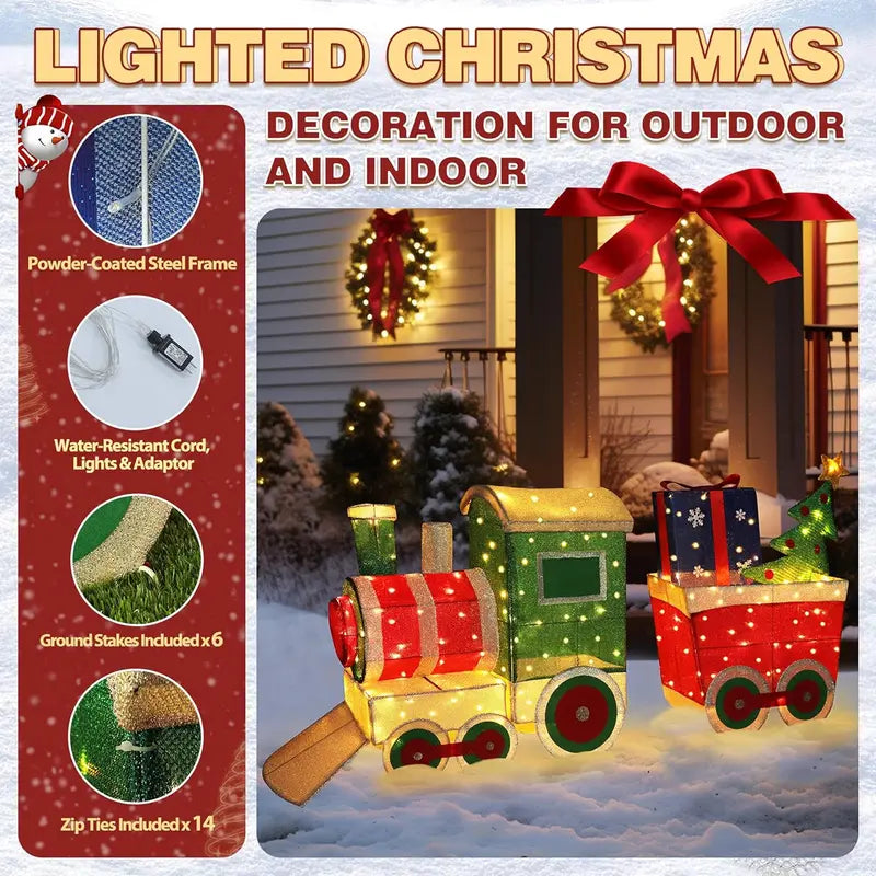 VEIKOU 5FT Outdoor Christmas Train Set with 170 LED Lights, Green & Red, Alloy Steel, Holiday Yard Decoration