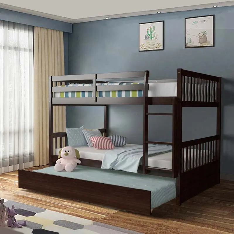 Solid Wood Full-Over-Full Bunk Bed with Trundle Drawer â€?Includes Safety Ladder, Guardrails & Convertible Design