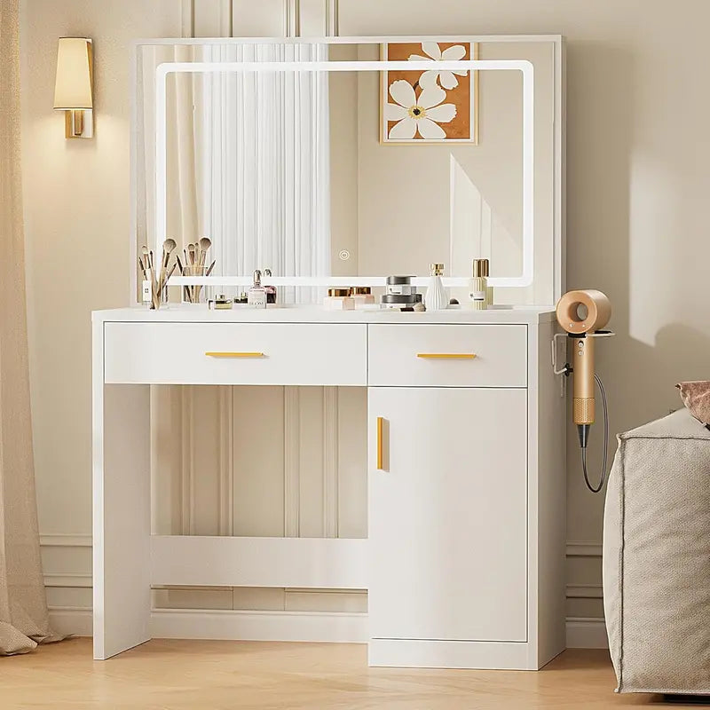 Sweetcrispy 35.4-Inch Vanity Desk with Full-Size LED Mirror and Touch-Control Lighting