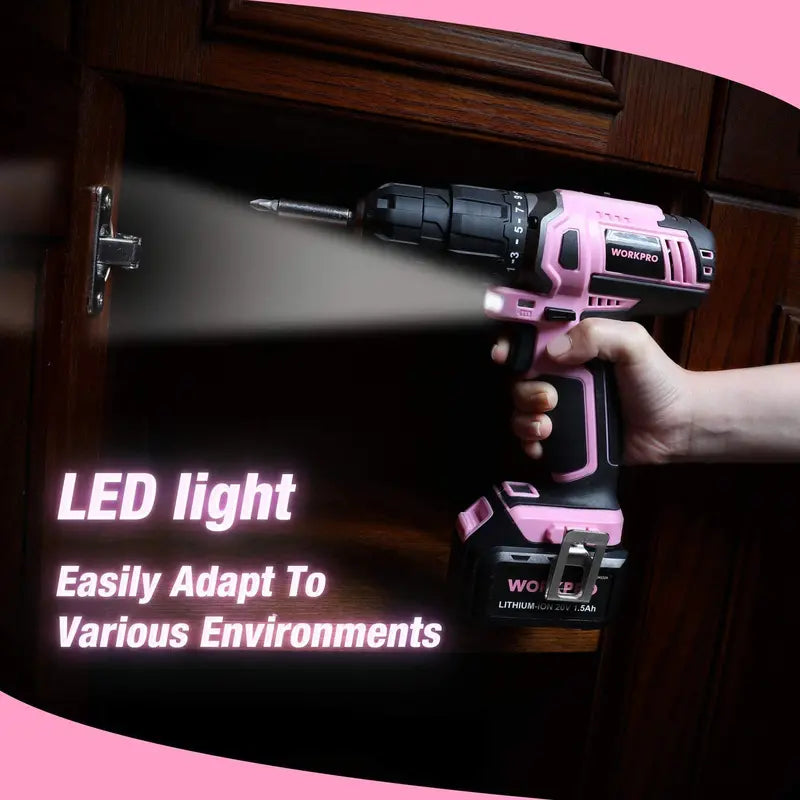 WORKPRO 20V Pink Lithium-Ion Cordless Drill Driver Kit â€?Pink Ribbon Edition