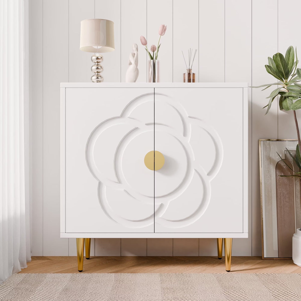 Tolead Modern Sideboard Buffet Cabinet with Flower Pattern Panel, 6 Shelves, White