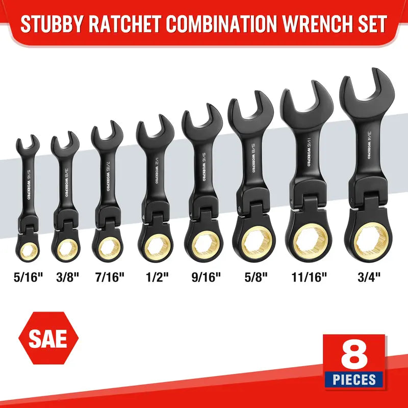 WORKPRO 8-Piece Flex-Head Stubby Wrench Set â€?Anti-Slip Design with Compact Rolling Pouch