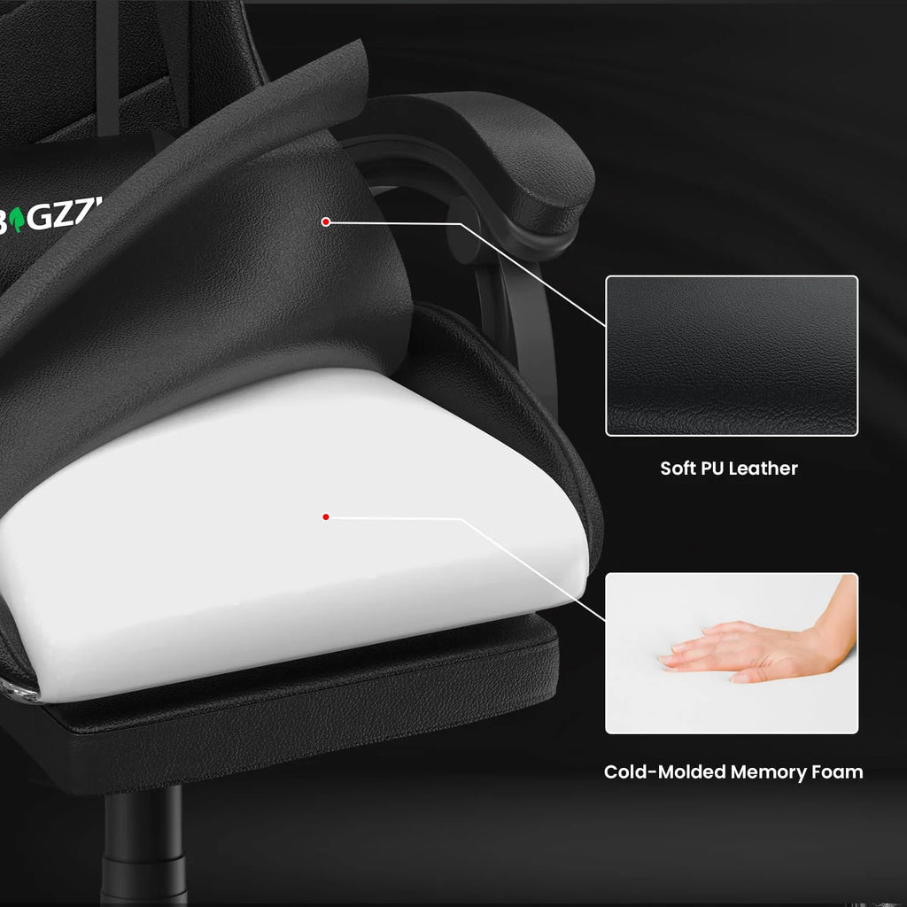 Bigzzia Gaming Chair Office Chair, Ergonomic Game Chair with Height Adjustable Headrest and Lumbar Support for Adults Teens, Black & White