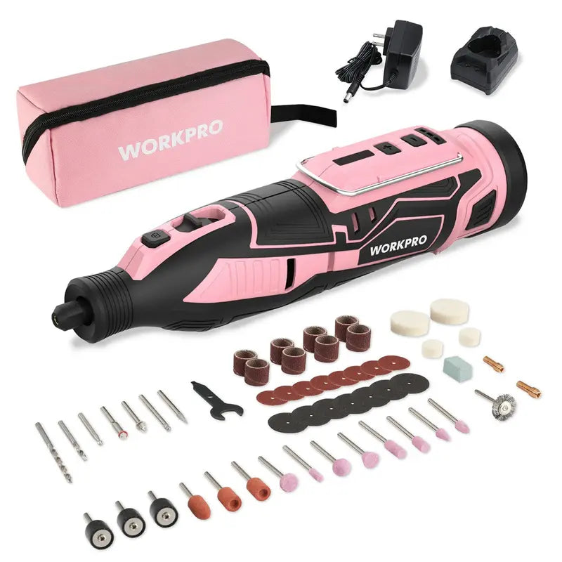 WORKPRO 12V Cordless Rotary Tool Kit â€?5-Speed Adjustable Mini Grinder with 114 Accessories and Pink Ribbon Packaging