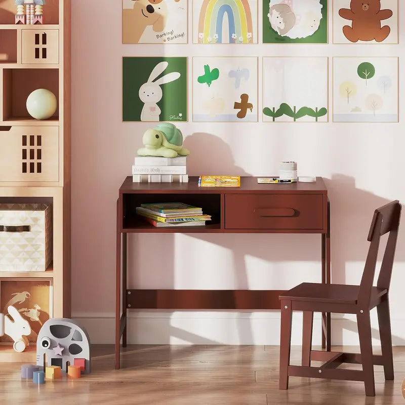 Wooden Kids' Desk and Chair Set with Storage Hutch & Drawer â€?Compact Study Station for Children Ages 3+ (White)
