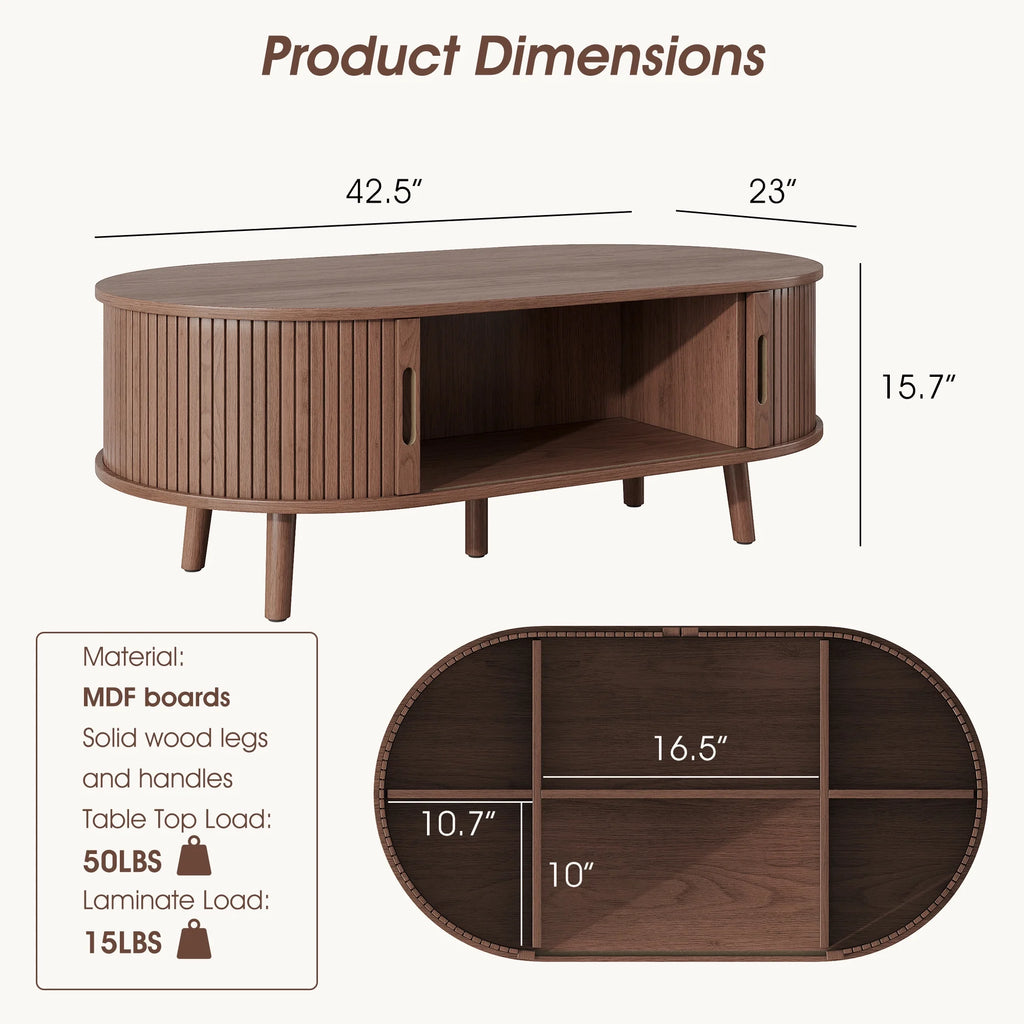 Oval Coffee Table, 42.5" Drum Coffee Table with Sliding Tambour Door, Fluted Accent Center Table with Storage, Mid Century Modern Coffee Table for Living Room, Center Table Walnut