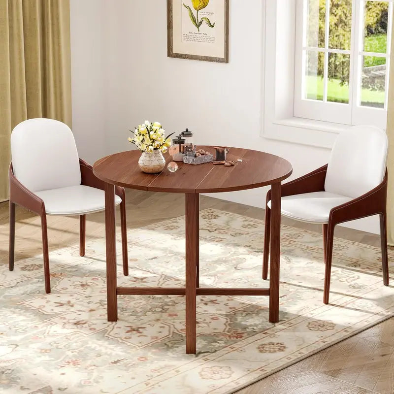 Walnut Round Drop-Leaf Dining Table â€?Extendable Farmhouse Table for 2â€?, Solid Wood Legs