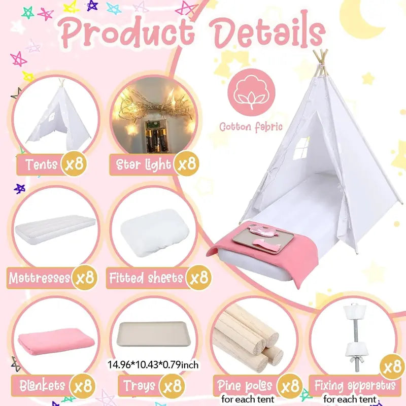 Windyun 8-Piece Kids Teepee Tent Set â€?White Fabric Play Tents for Sleepovers & Indoor Fun