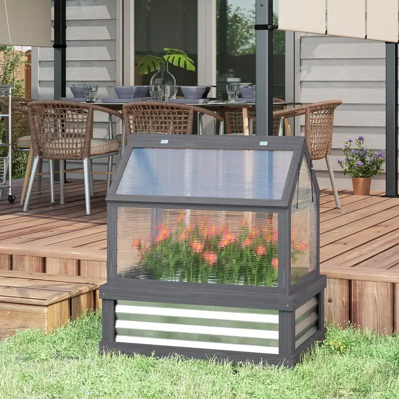 Wooden Raised Garden Bed with Polycarbonate Peak-Roof Greenhouse â€?35.5â€?x 22.5â€?x 38.25â€? Gray