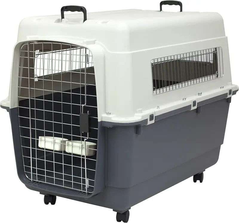 SportPet Designs Rolling Travel Dog Crate â€?Airline-Approved Plastic Kennel with Wire Door, XXX-Large Size, Gray