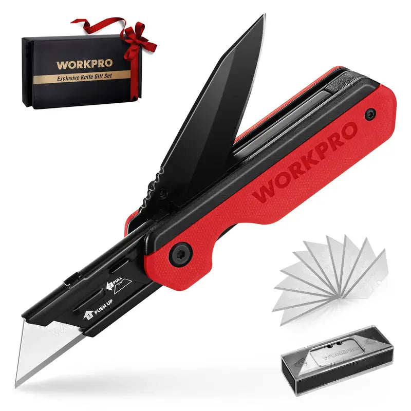 WORKPRO 2-in-1 Folding Utility Knife â€?Quick-Change Box Cutter with G10 Handle & 10 Blades