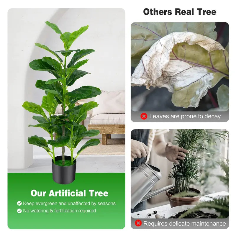 Two-Piece 3.3-Foot Artificial Fiddle Leaf Fig Tree Set in Decorative Pots