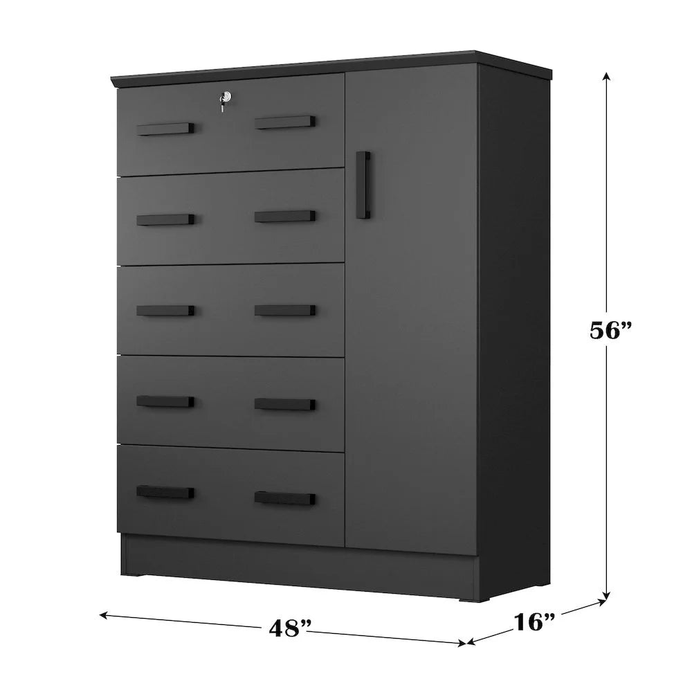 Better Home Products JCF Sofie 5 Drawer Wooden Tall Chest Wardrobe in Mahogany